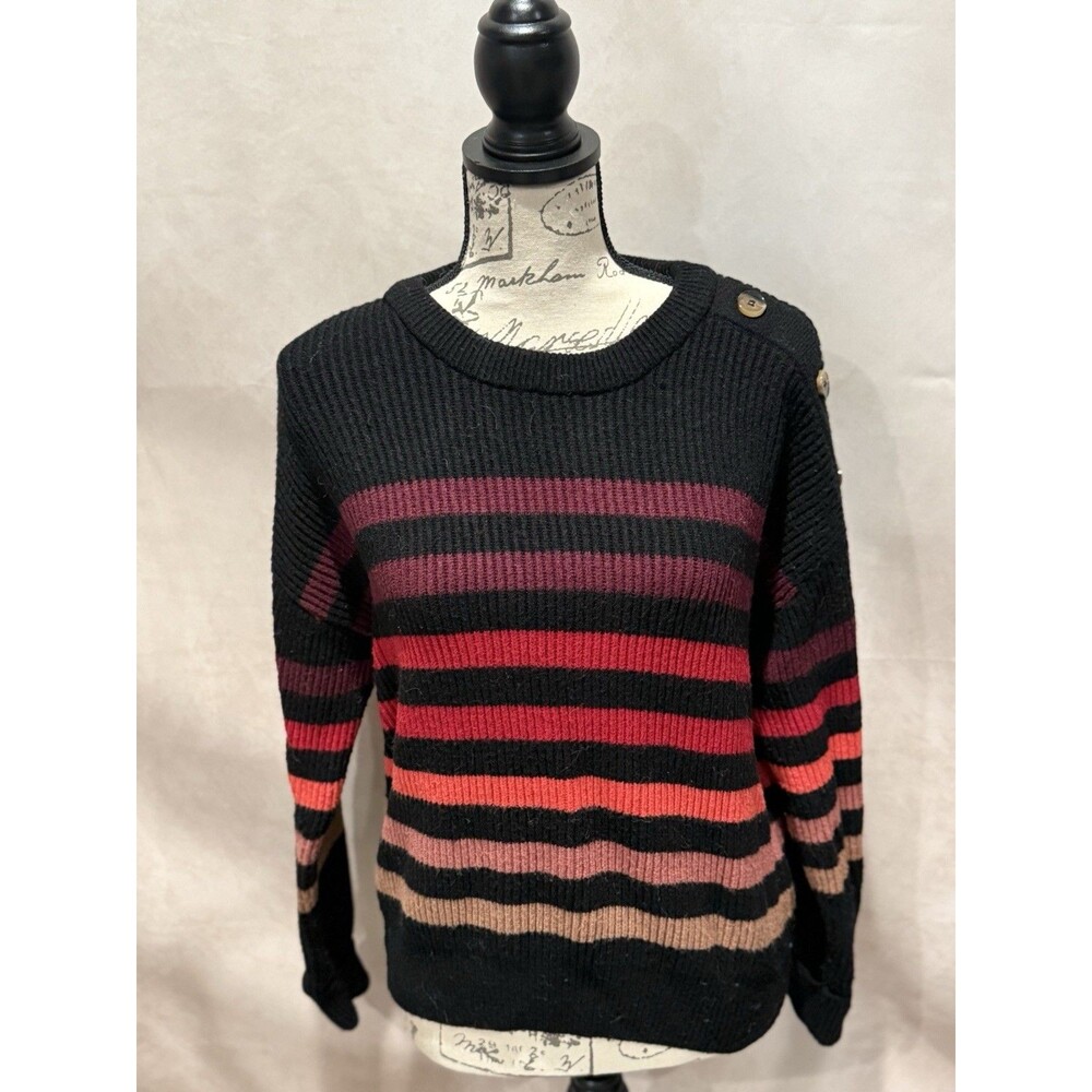 Tahari Women’s Autumn Color Striped Black Sweater With Button Details Size S/P